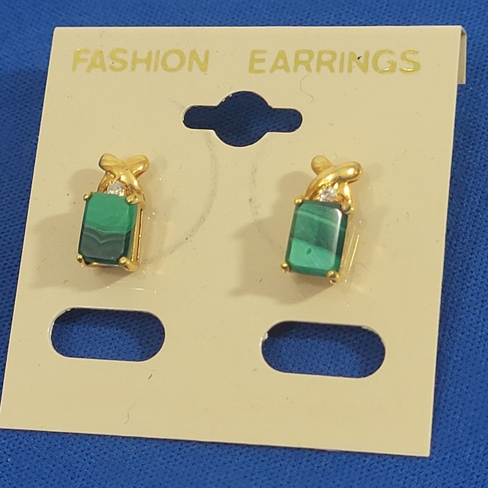 Gold & Green Fashion Earrings With Faux Gemstone‎ Rectangular Design